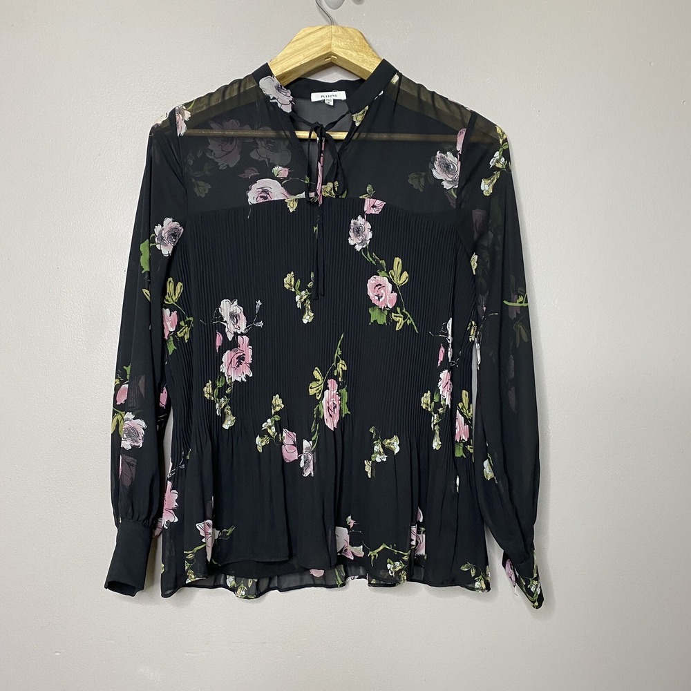 Pleione Pleated Chiffon Floral Blouse Black Floral Tie Collar Women's Size M